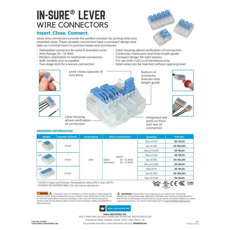 IDEAL In-Sure 3-Port Lever Wire Connector (50/ Bolsa) - 30-05L23

Ideal conector de cable de palanca de 3 puertos In-Sure (50/Bolsa) - 30-05L23