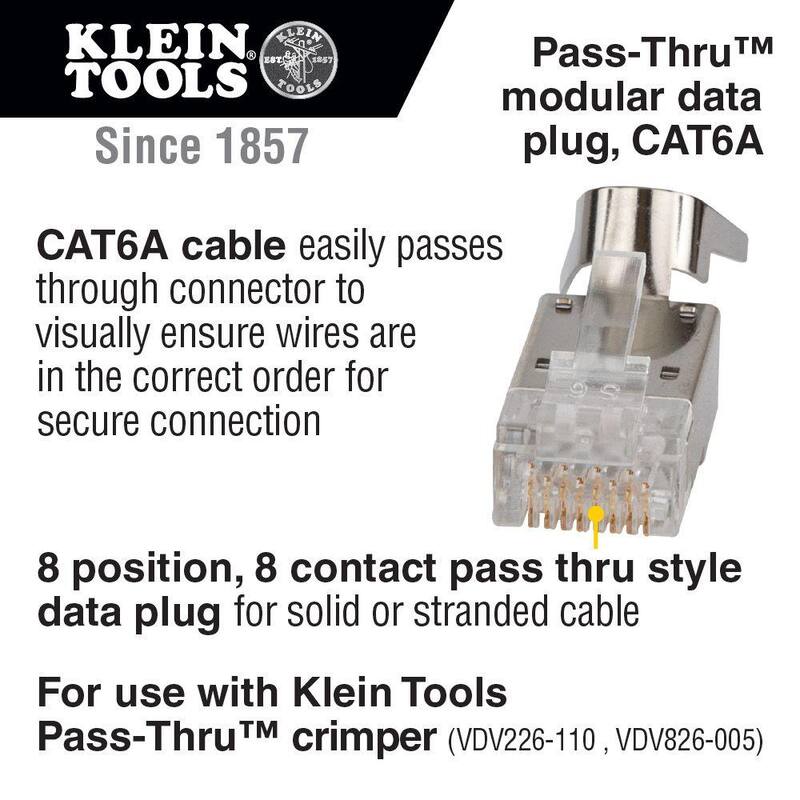 Klein Tools Pasar-Thru Modular Data Plugs, RJ45-CAT6A, Blindados (STP), (Paquete de 50) - VDV826-705