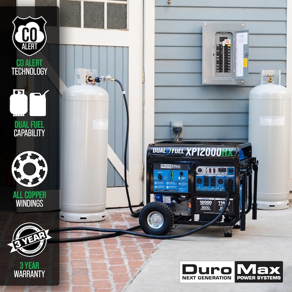 Duromax Portable Generator, Gasoline/Liquid Propane, 9,500 W/9,025 W Rated, 12,000 W/11,400 W Surge - XP12000HX