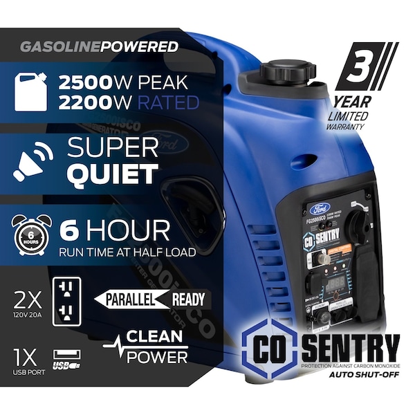 Ford Portable and Inverter Generator, Gasoline, 2,200 W Rated, 2,500 W Surge, Recoil Start, 18 A - FG2500ISCO