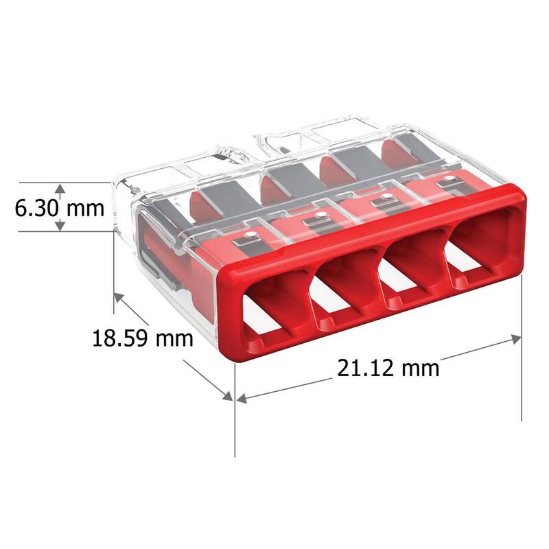 Conector de cable push-in de 4 puertos de la serie WAGO 2773 para cajas de conexiones, con cubierta roja, conector eléctrico (paquete de 10) - 27730404/996010