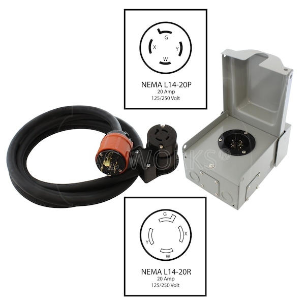 Ac Works Generator Emergency Power Kit with L14-20 Inlet Box and 50ft Cord - EPL1420KIT-050