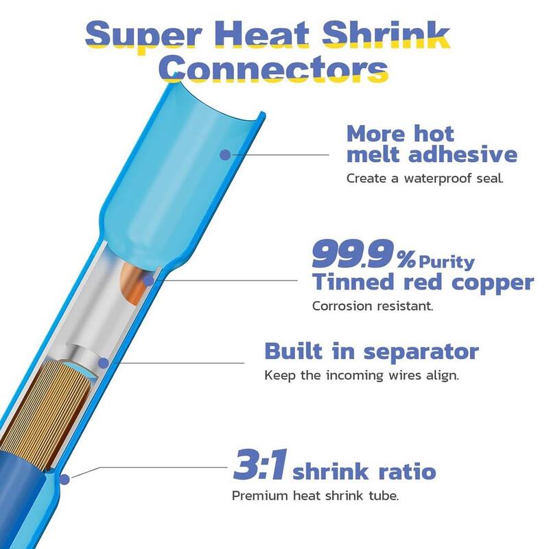Lukyamzn 200 piezas de conectores termocontraíbles de conexión, cobre aislado de grado marino impermeable kit de conectores de alambre sellados por soldadura, azul - SA17-227B051