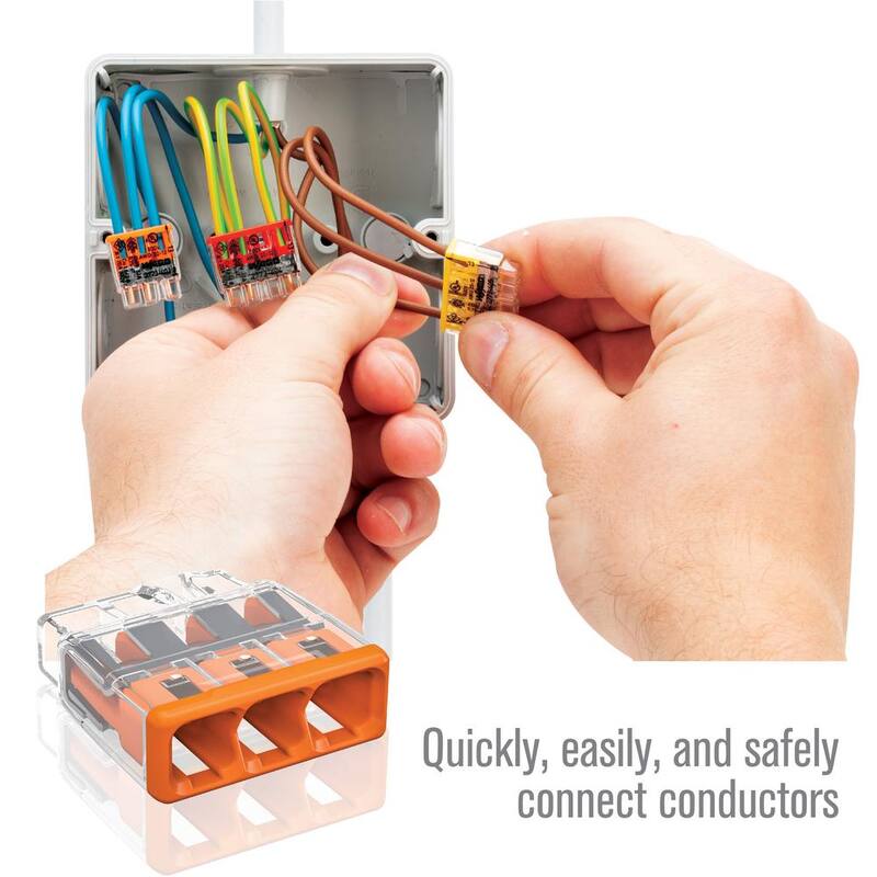 Serie de conectores de cable de inserción rápida de 3 puertos WAGO 2773 para cajas de empalme, con cubierta naranja, (paquete de 10) - 27730403/996010