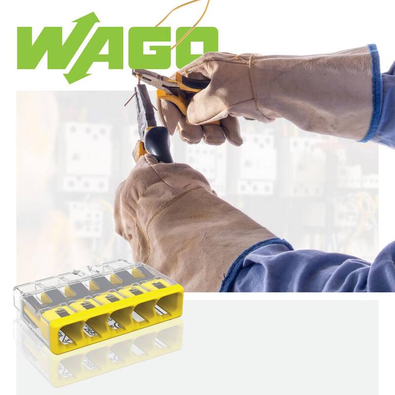 Serie 2773 de WAGO Conector de cable Push-in de 5 puertos para cajas de empalme, Conector eléctrico con cubierta amarilla (paquete de 10) - 27730405/996010