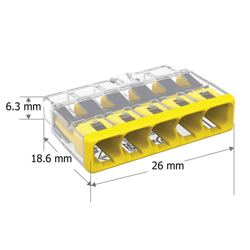 Serie 2773 de WAGO Conector de cable Push-in de 5 puertos para cajas de empalme, Conector eléctrico con cubierta amarilla (paquete de 10) - 27730405/996010