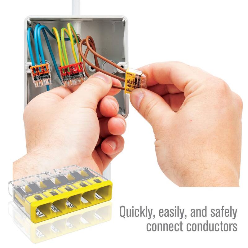 Serie 2773 de WAGO Conector de cable Push-in de 5 puertos para cajas de empalme, Conector eléctrico con cubierta amarilla (paquete de 10) - 27730405/996010