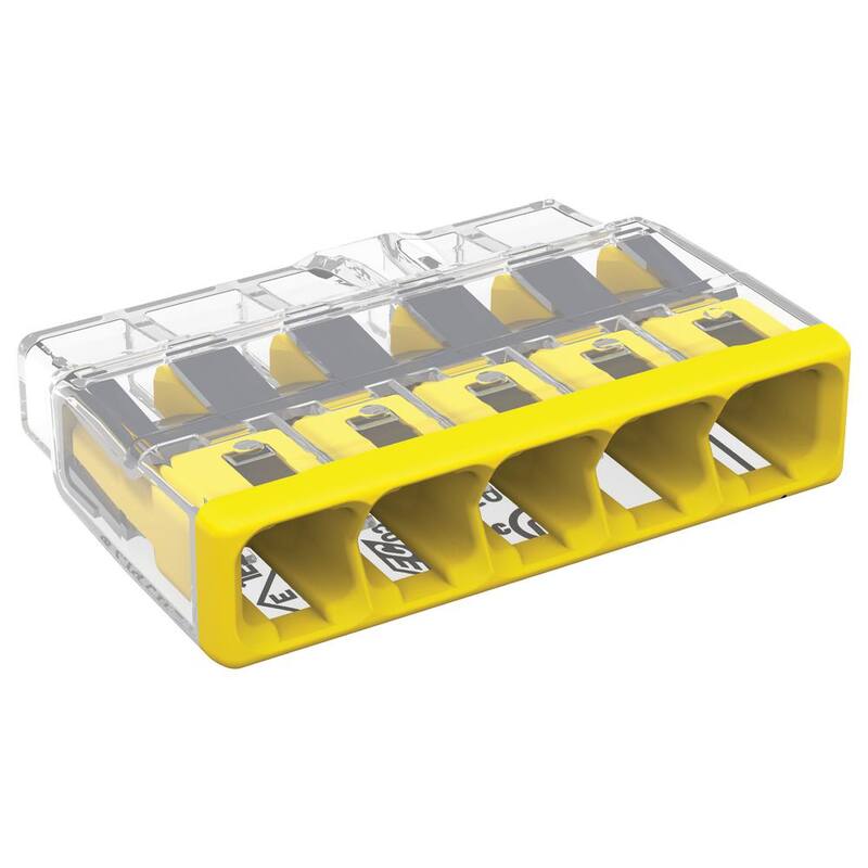 Serie 2773 de WAGO Conector de cable Push-in de 5 puertos para cajas de empalme, Conector eléctrico con cubierta amarilla (paquete de 10) - 27730405/996010