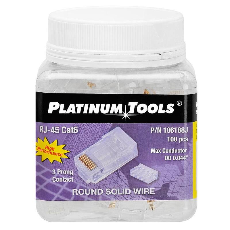Conector RJ45 Cat6 de Platinum Tools redondo-sólido de 3 puntas 8P8C con forro (2 piezas) - 106188J