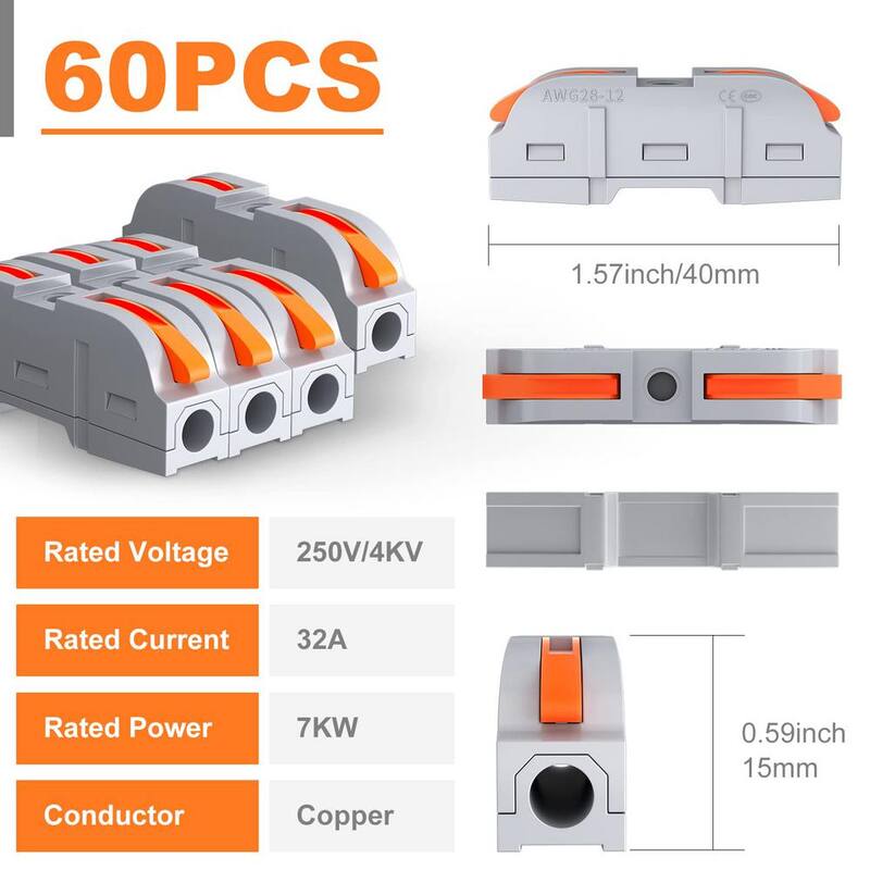 Etokfoks 32 Amp 250-Volt Inline Conectores de cable de palanca eléctrica tuercas push-in rápido (1 a 1) 28-12 AWG - MLPH020LT465