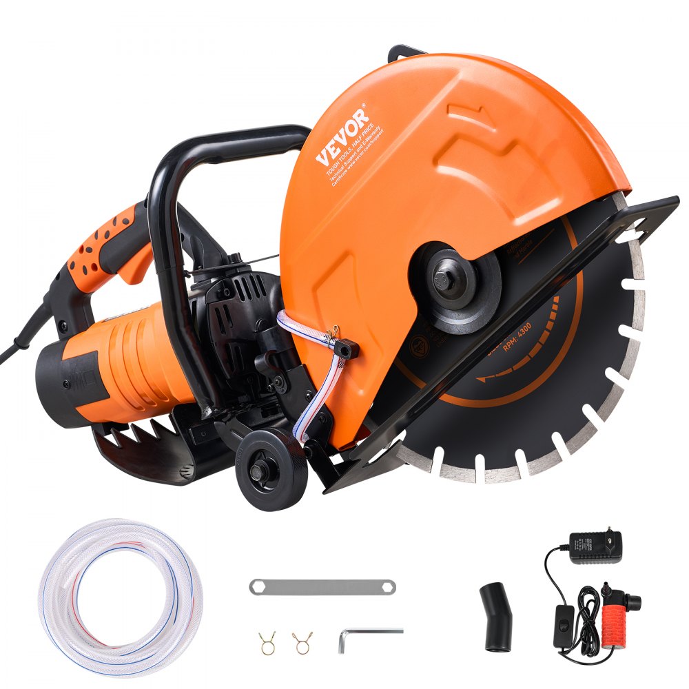 VEVOR Electric Concrete Saw, 14 in Circular Saw Cutter with 5 in Cutting Depth, Wet/Dry Disk Saw Cutter Includes Water Line, Pump and Blade, for Stone, Brick, Porcelain, Concrete, 3200W/15A Motor - D3200W14IN5INYGWJV1