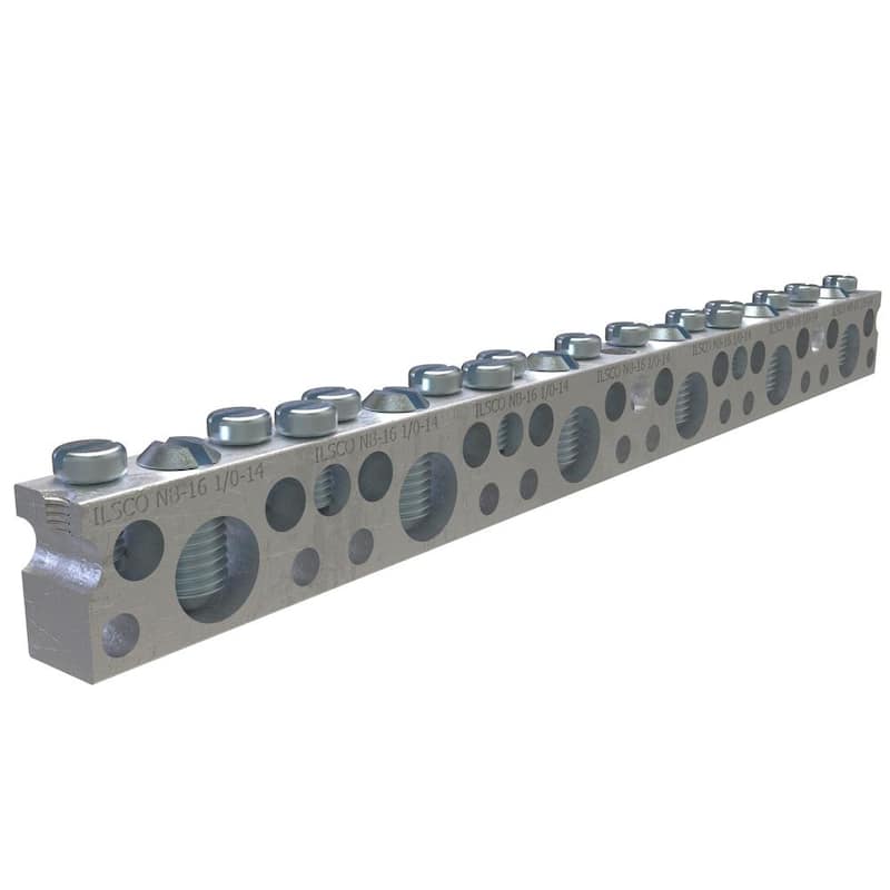 Conector de barra neutral de cobre ILSCO, Rango de conductor grande 1/0-14, Rango pequeño 6-14, 6 puertos grandes, 15 puertos pequeños, 2 orificios - NBCE-0615-2-EC