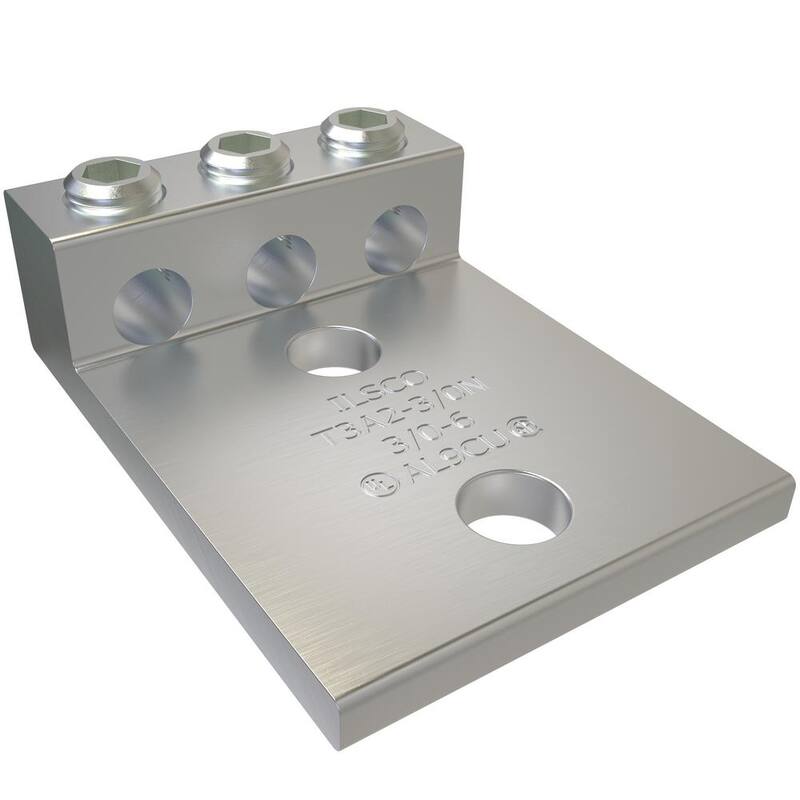 Conector mecánico de lengüeta de aluminio ILSCO, Rango de conductores 3/0-6, 3 puertos, 2 agujeros, Tamaño de perno de 1/2 pulgada - T3A2-3/0N-EC
