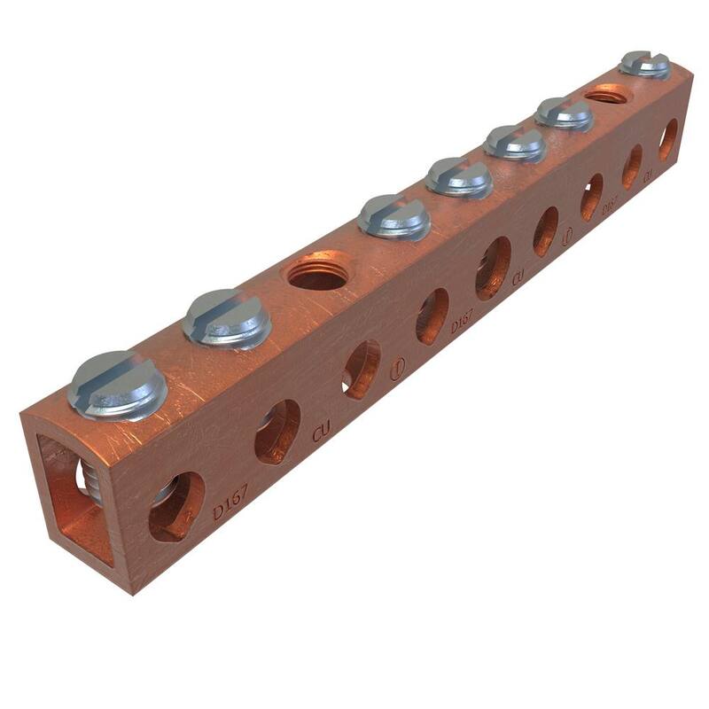 Conector de barra neutral de cobre ILSCO, Rango de conductores 4-14 principal, 6-14 derivación, 7 puertos - D167-6-EC