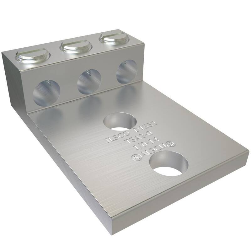 Conector de compresión mecánica de aluminio ILSCO, rango de conductores 1/0-14, 3 puertos, 2 hoyos, tamaño de perno de 3/8 pulgadas, estañado - T3A2-0-EC