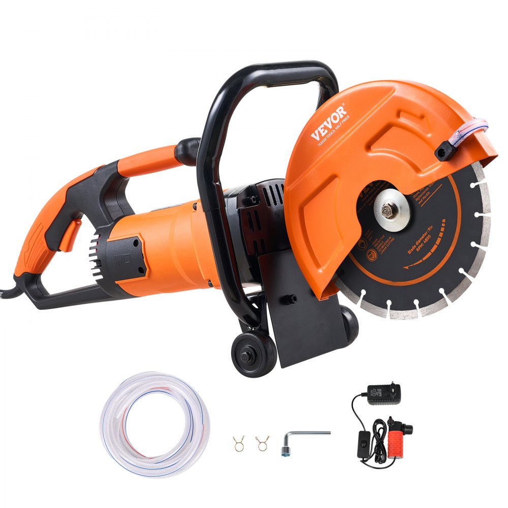 VEVOR Electric Concrete Saw, 9 in, 1800 W 15 A Motor Circular Saw Cutter with 3.5 in Cutting Depth, Wet/Dry Disk Saw Cutter Includes Water Line, Pump and Blade, for Stone, Brick - D1800W9IN35INLPBQV1