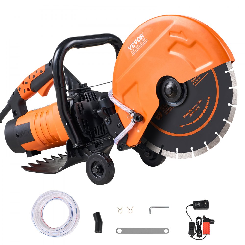 VEVOR Electric Concrete Saw, 12 in, 1800 W 15 A Motor Circular Saw Cutter with Max. 4.5 in Adjustable Cutting Depth, Wet Disk Saw Cutter Includes Water Line, Pump and Blade, for Stone, Brick - DDHNTJ1800W12HEK8V1