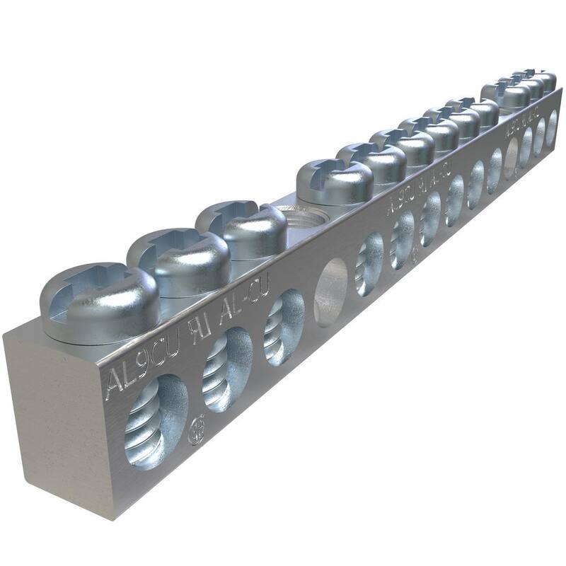 Conector de barra neutral de aluminio ILSCO, con doble clasificación, rango de conductores 4-14, 1 2-Puertos, 2-Orificios, Perno #10, Conducción Slot Drive - NBAS-012-2-A-EC