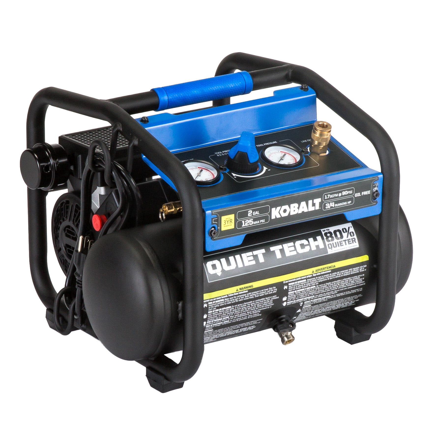 Kobalt Kobalt QUIET TECH Compresor de aire portátil eléctrico de 2 galones y 125 PSI tipo Hot Dog - 3300244