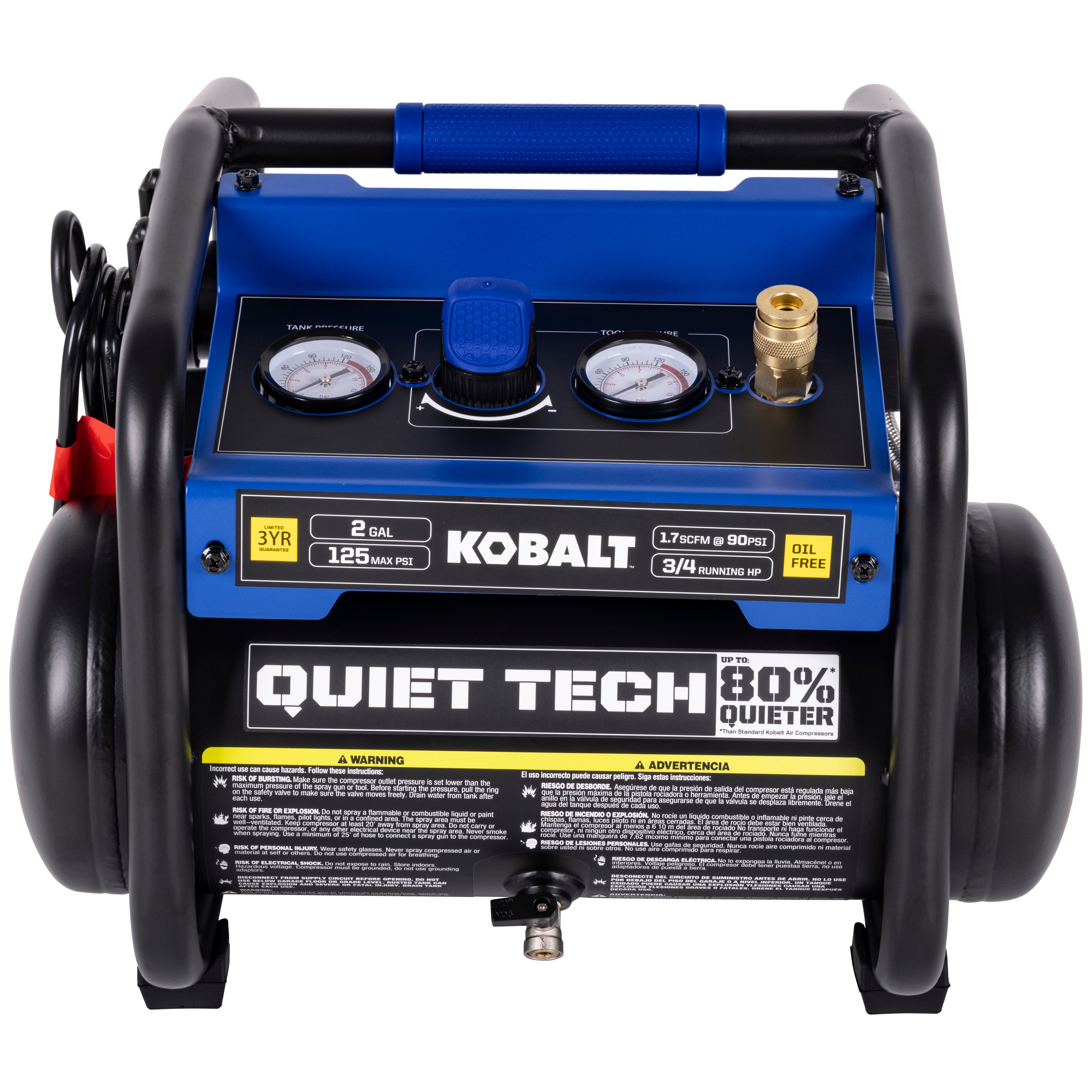 Kobalt Kobalt QUIET TECH Compresor de aire portátil eléctrico de 2 galones y 125 PSI tipo Hot Dog - 3300244