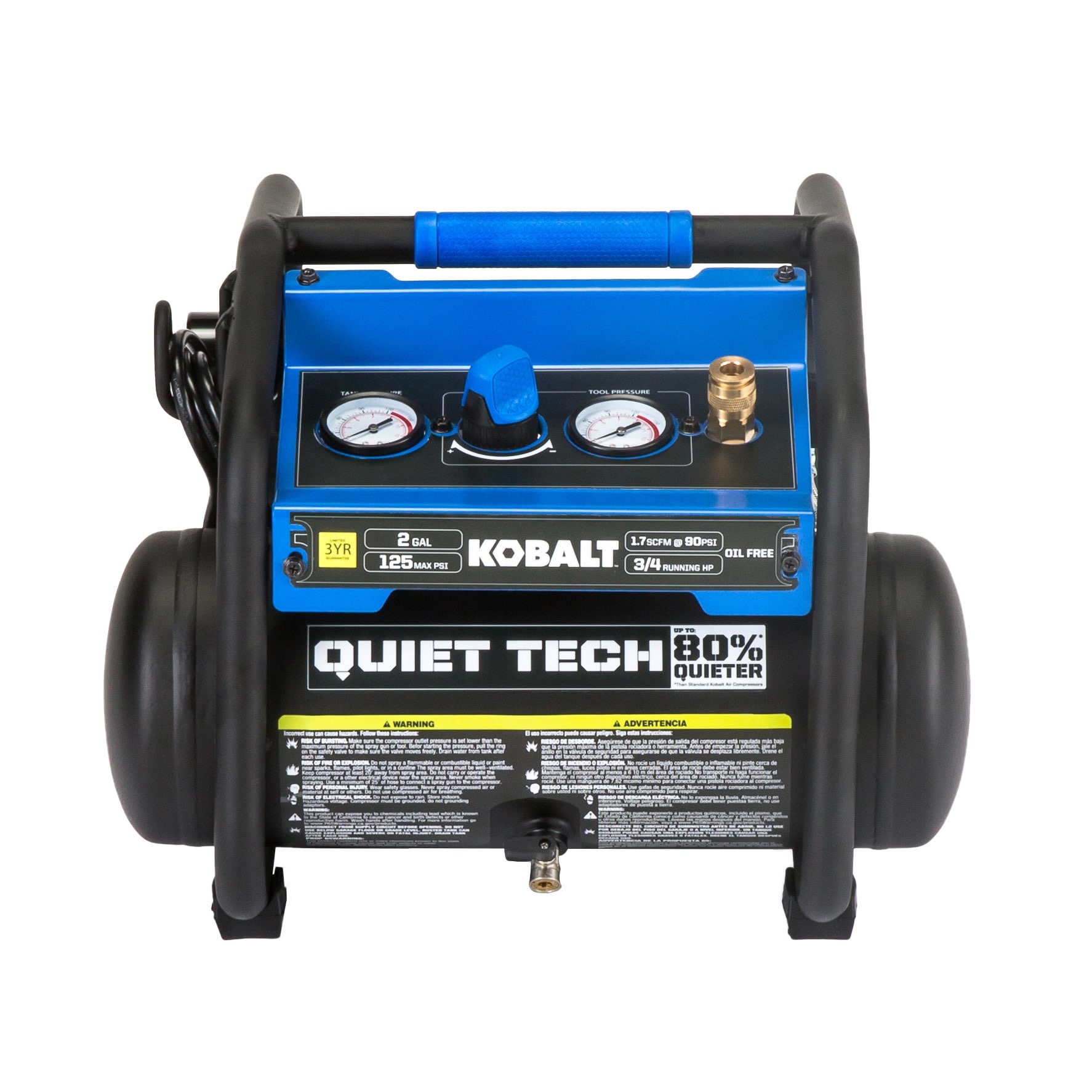 Kobalt Kobalt QUIET TECH Compresor de aire portátil eléctrico de 2 galones y 125 PSI tipo Hot Dog - 3300244