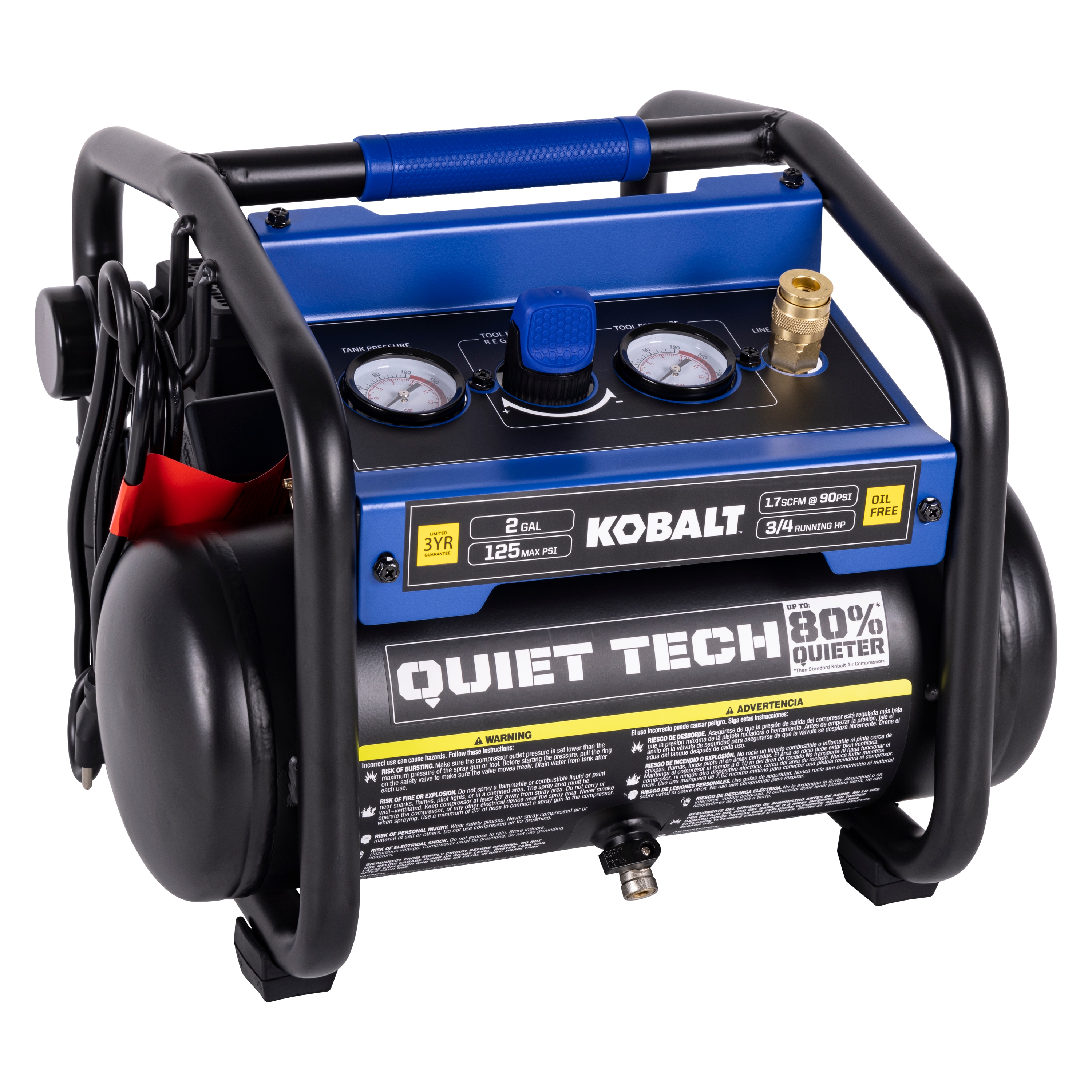 Kobalt Kobalt QUIET TECH Compresor de aire portátil eléctrico de 2 galones y 125 PSI tipo Hot Dog - 3300244