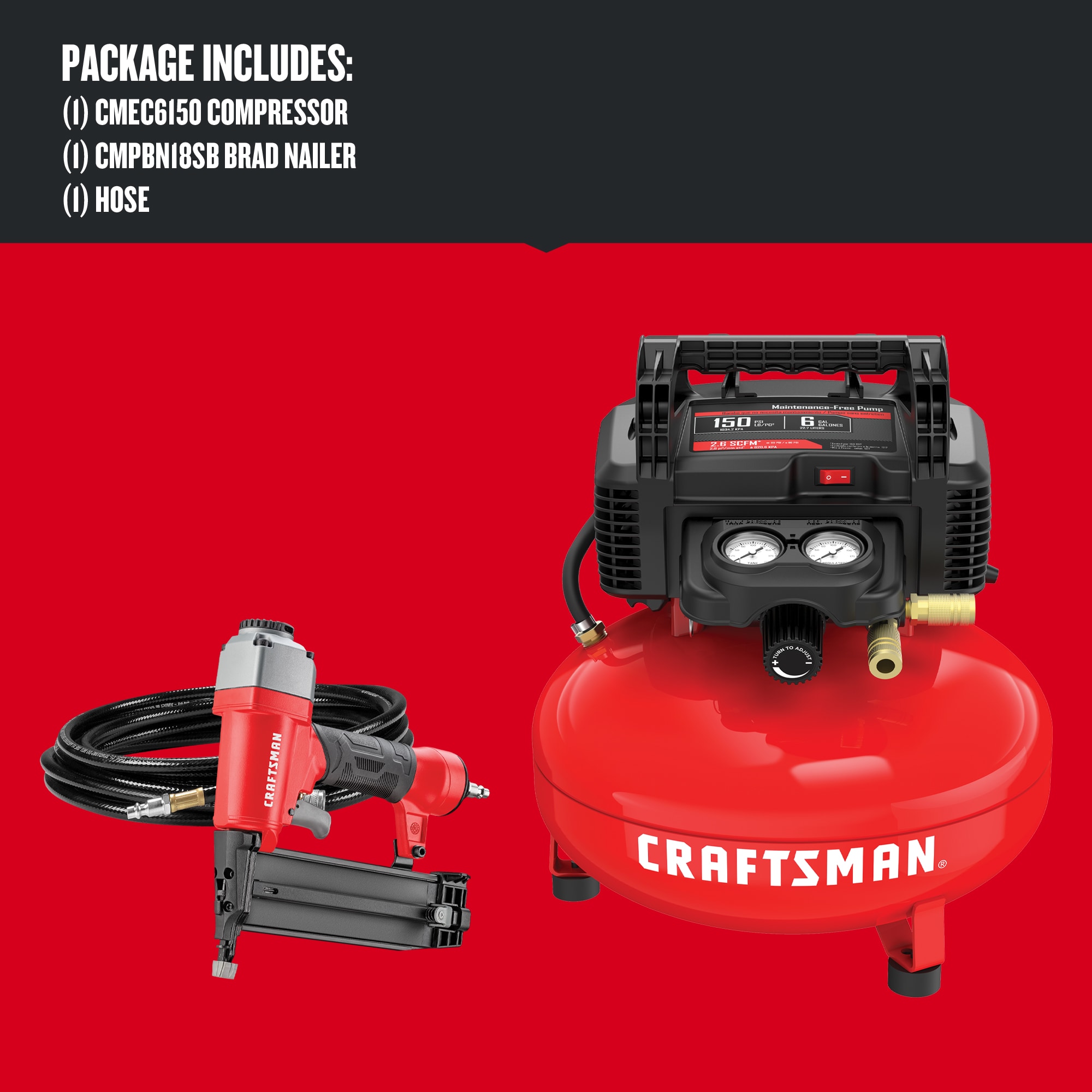 Artesano Compresor de Aire de Panqueque Portátil Eléctrico de 6 Galones con 150 PSI y Accesorios Incluidos - CMEC1KIT18