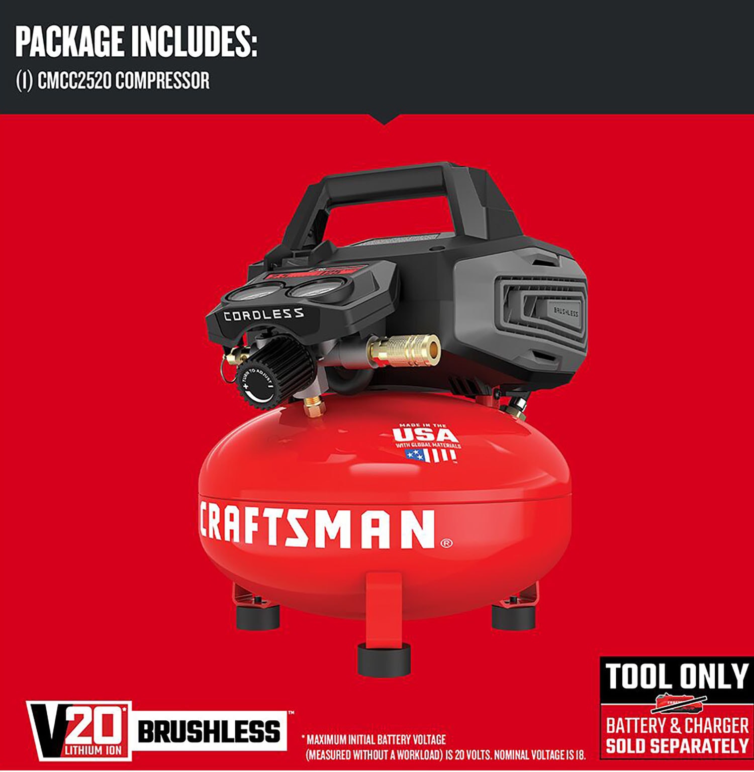 ARTESANO ARTESANO V20 RP Compresor de aire portátil sin cable de 2.5 galones y 125 PSI tipo panqueque - CMCC2520B
