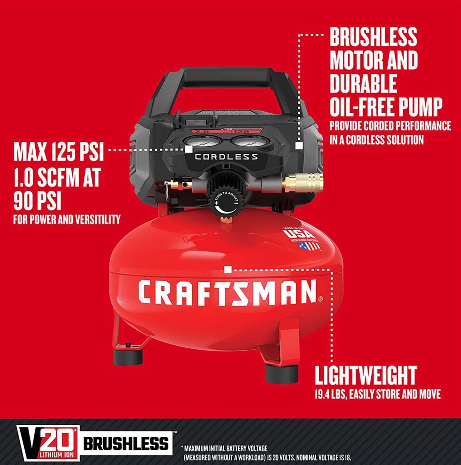 ARTESANO ARTESANO V20 RP Compresor de aire portátil sin cable de 2.5 galones y 125 PSI tipo panqueque - CMCC2520B