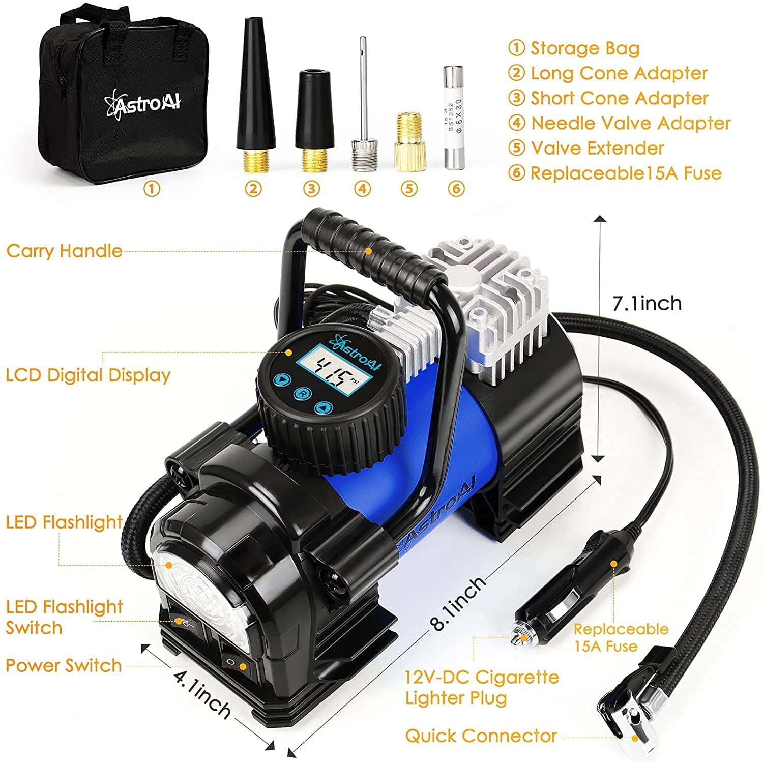AstroAI Compresor de Aire Portátil Eléctrico tipo Panqueque de 1.5 Galones y 150 PSI con Accesorios Incluidos - ASIAC300BL