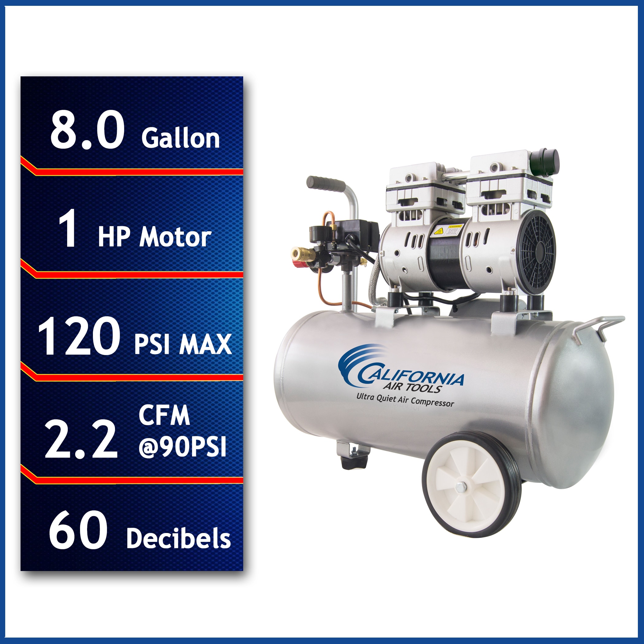 Herramientas de aire de California Herramientas de aire de California Compresor de aire horizontal portátil eléctrico de 8 galones y 120 PSI - 8010