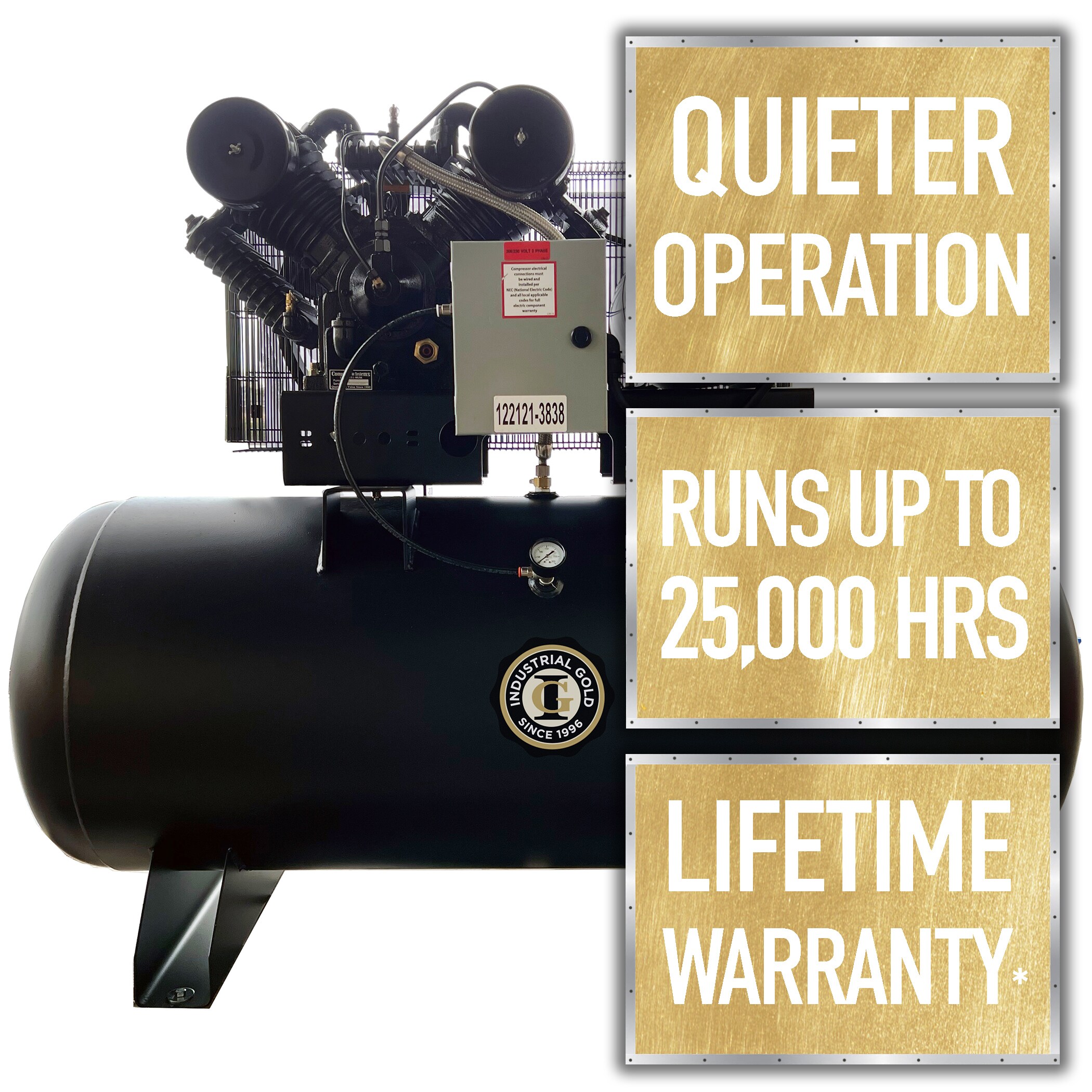 ORO INDUSTRIAL Compresor de aire eléctrico estacionario de 120 galones, horizontal, 175 PSI - CI1023E120H