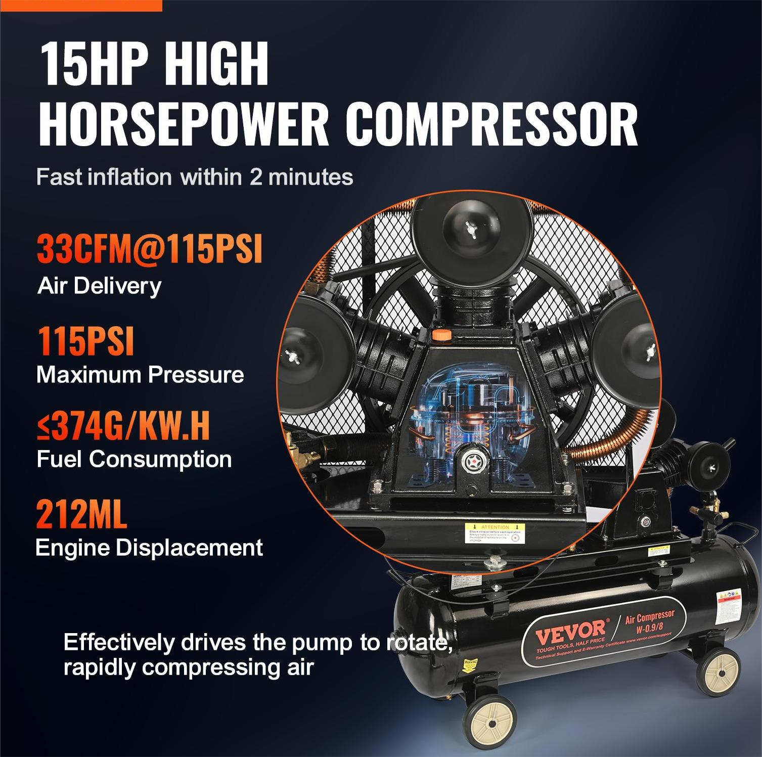 Compresor de aire horizontal portátil a gas sin cable de 30 galones de VEVOR - 115 PSI - QYKYJ30JL000B8GF5V0.