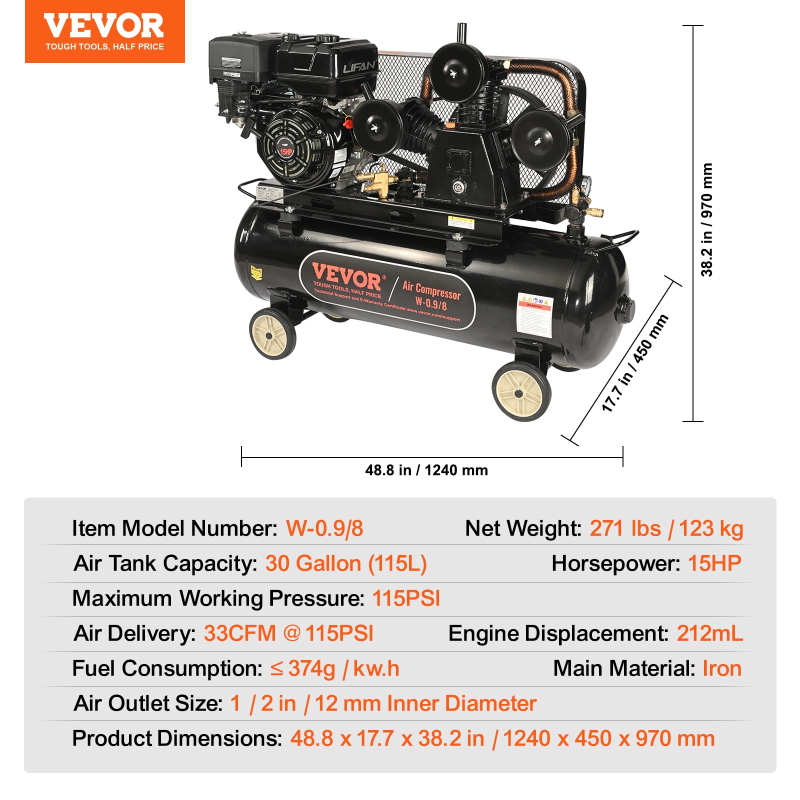 Compresor de aire horizontal portátil a gas sin cable de 30 galones de VEVOR - 115 PSI - QYKYJ30JL000B8GF5V0.