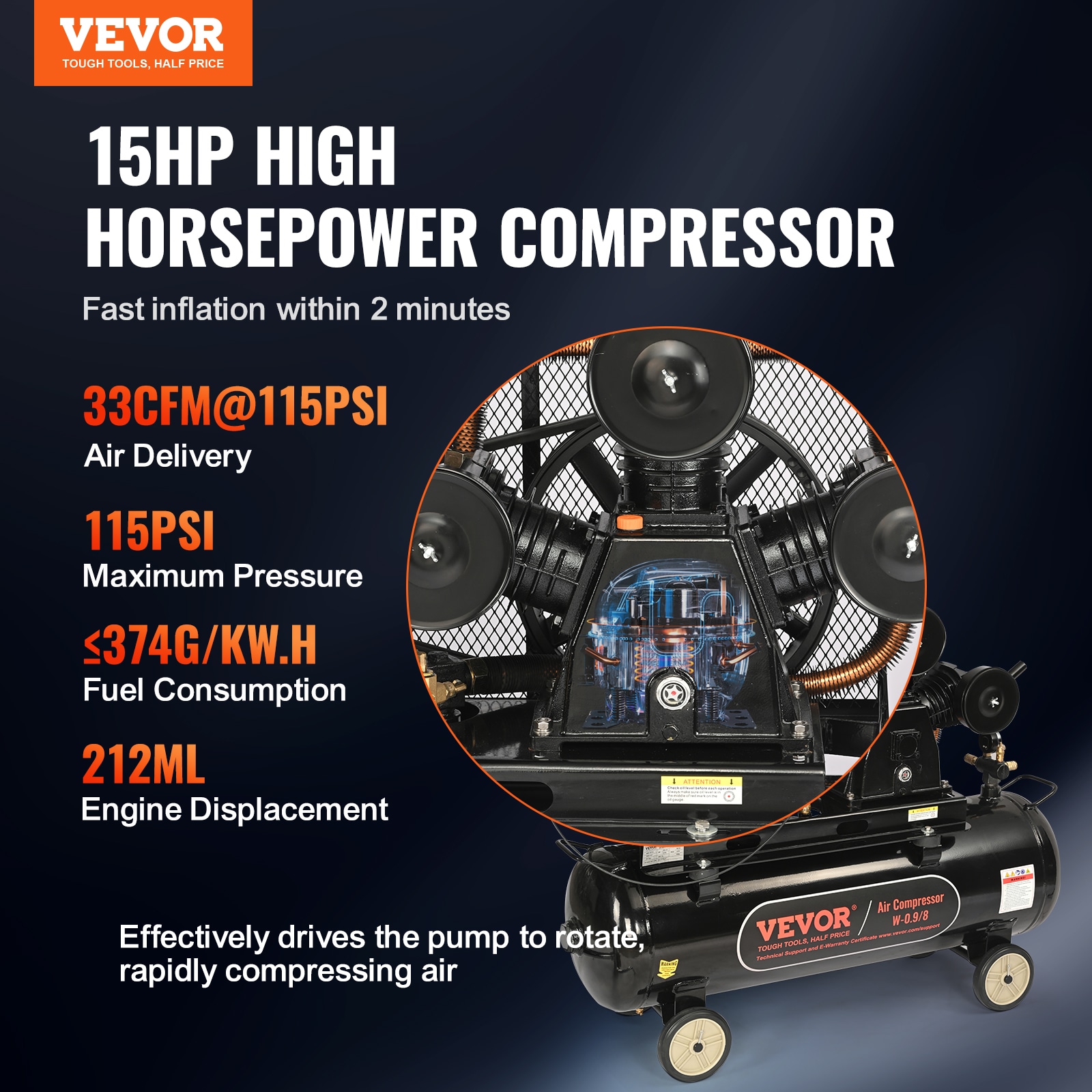 Compresor de aire horizontal portátil a gas sin cable de 30 galones de VEVOR - 115 PSI - QYKYJ30JL000B8GF5V0.