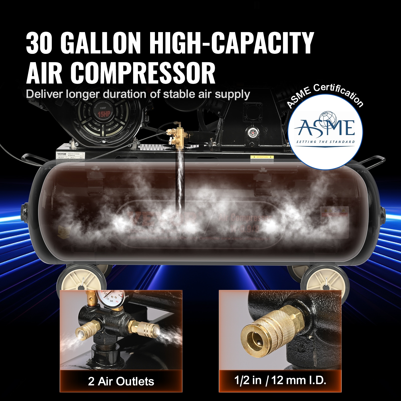 Compresor de aire horizontal portátil a gas sin cable de 30 galones de VEVOR - 115 PSI - QYKYJ30JL000B8GF5V0.