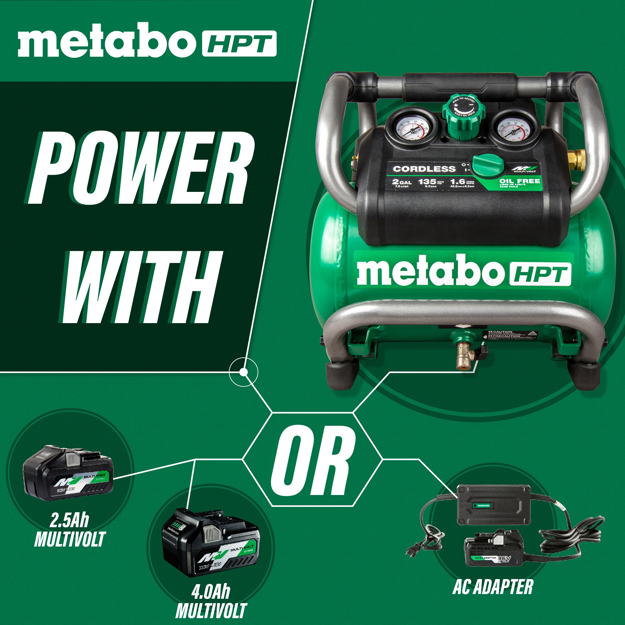 Metabo HPT Compresor de aire eléctrico y sin cable portátil de 2 galones y 135 PSI con diseño tipo Hot Dog - EC36DAQ4M