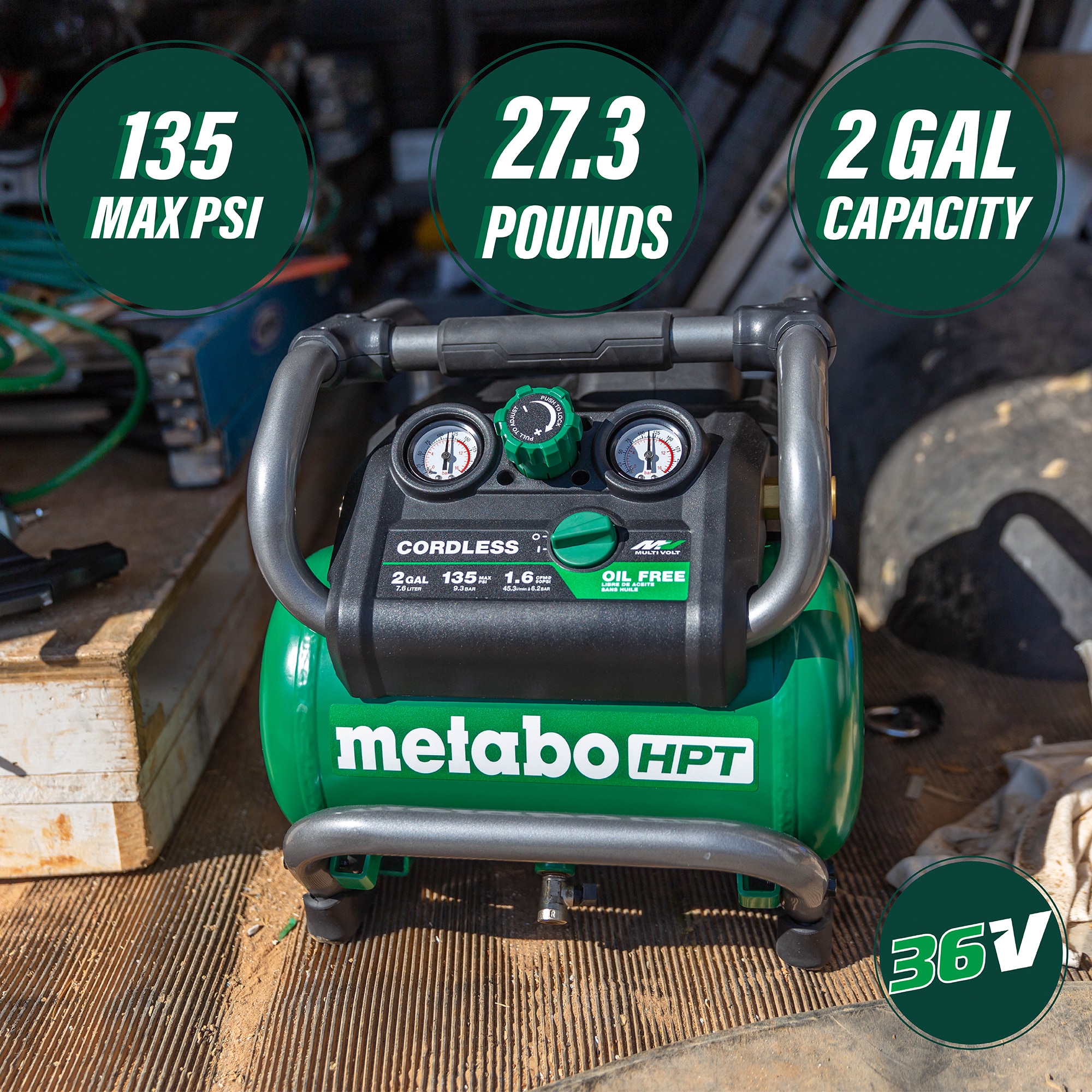 Metabo HPT Compresor de aire eléctrico y sin cable portátil de 2 galones y 135 PSI con diseño tipo Hot Dog - EC36DAQ4M