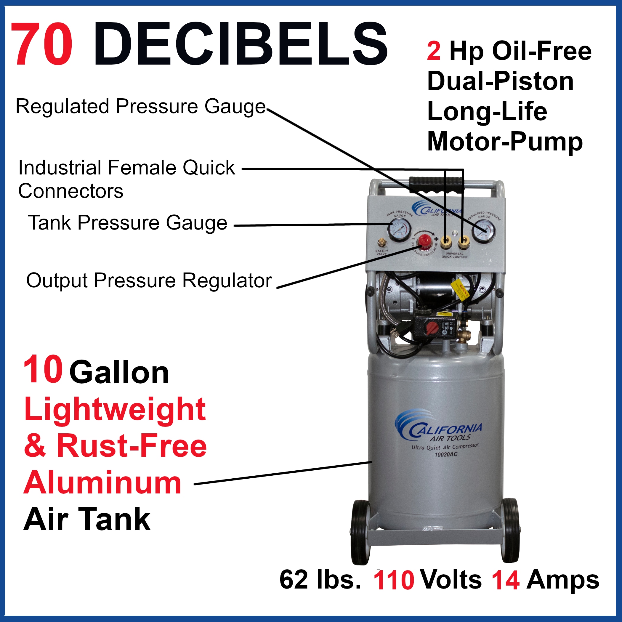 Herramientas de aire de California Compresor de aire vertical portátil de 10 galones y 125 PSI - 10020AC