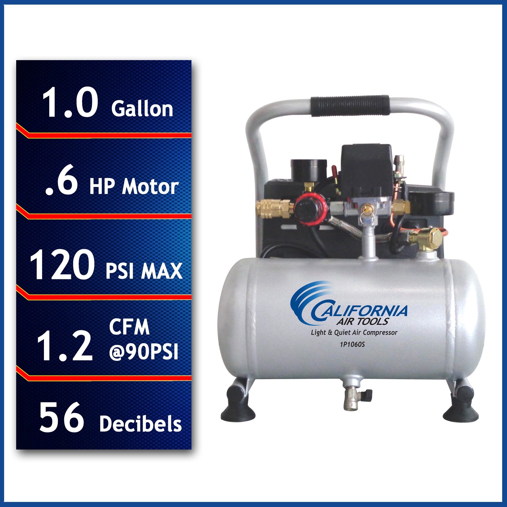 Herramientas de Aire de California Herramientas de Aire de California Compresor de Aire Horizontal Portátil Eléctrico Ligero y Silencioso de 1 Galón a 120 PSI - CAT-1P1060S