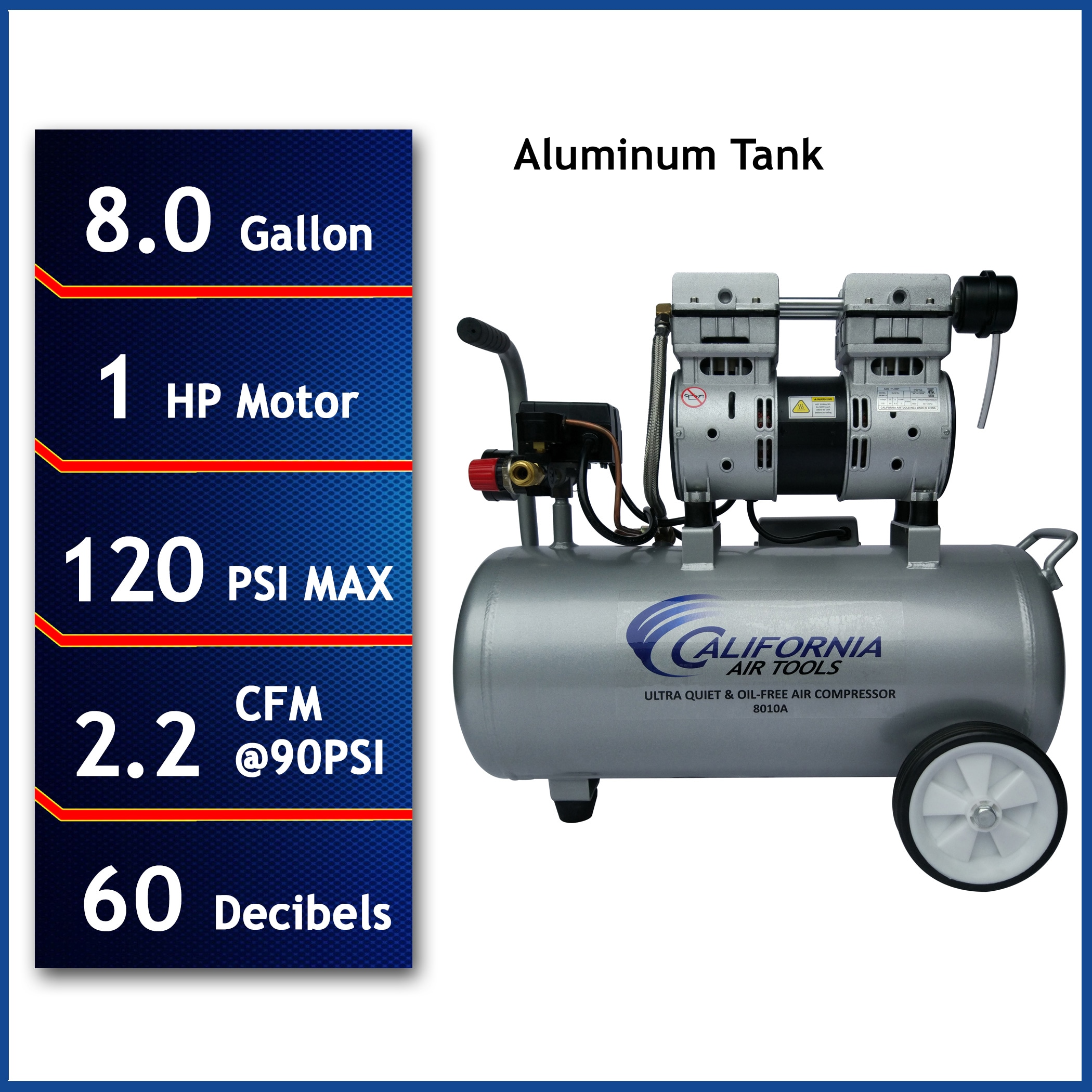 Herramientas de Aire de California Herramientas de Aire de California Compresor de Aire Portátil Eléctrico de 8 Galones, 120 PSI - Modelo Hot Dog - 8010A