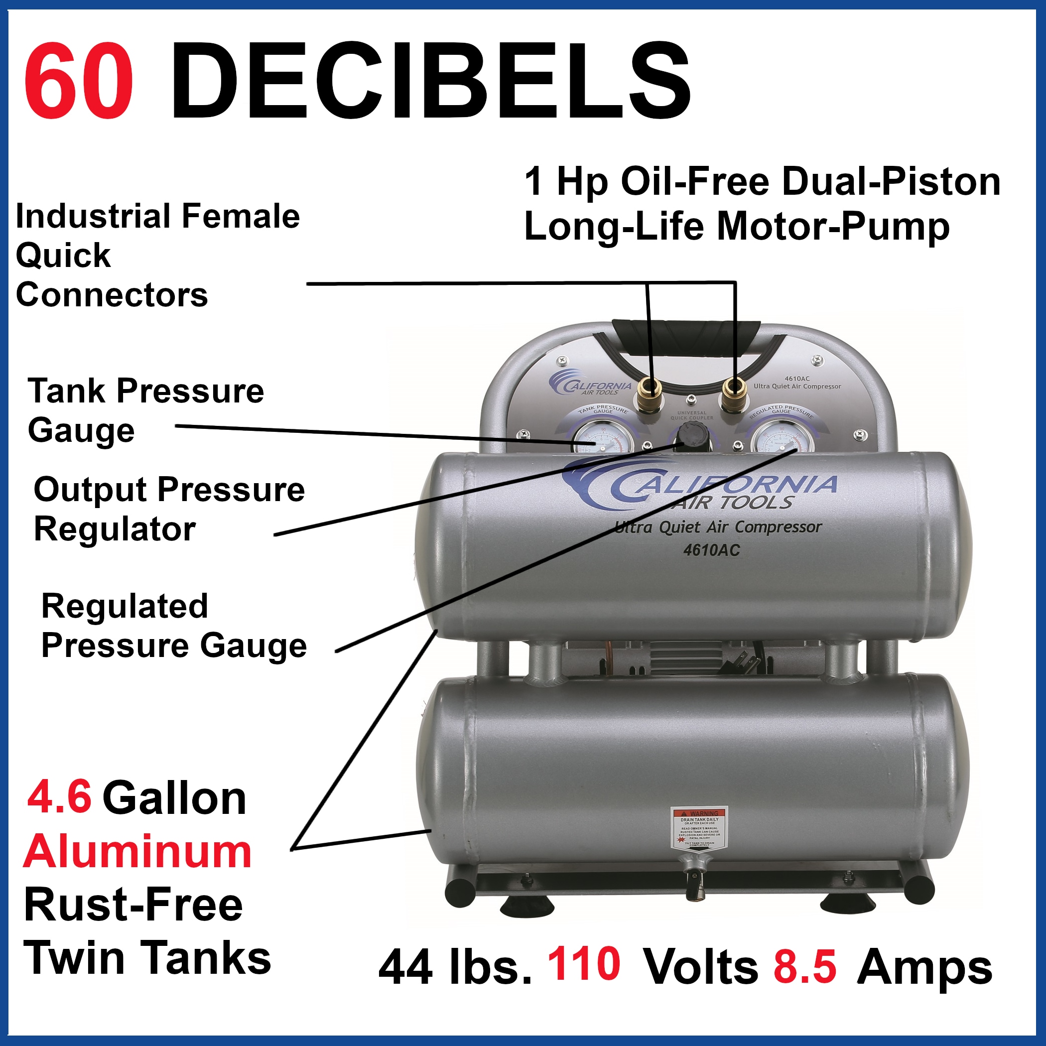 Herramientas de Aire de California Compresor de Aire Estacionario Eléctrico de 4.6 Galones con Doble Tanque a 120 PSI - 4610AC