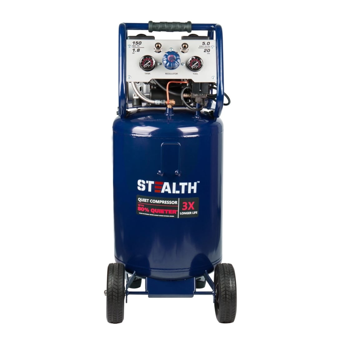 Compresor de aire vertical portátil eléctrico de 20 galones y 150 PSI con tecnología Stealth Stealth Quiet - SAQ-12018