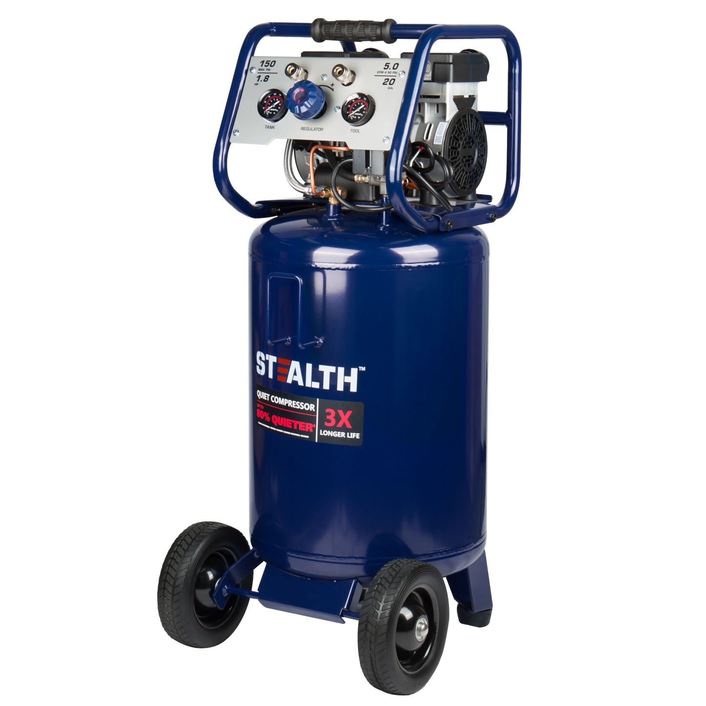 Compresor de aire vertical portátil eléctrico de 20 galones y 150 PSI con tecnología Stealth Stealth Quiet - SAQ-12018