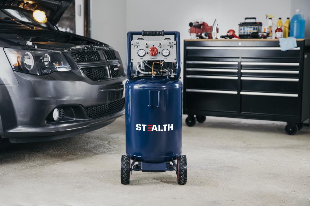 Compresor de aire vertical portátil eléctrico de 20 galones y 150 PSI con tecnología Stealth Stealth Quiet - SAQ-12018