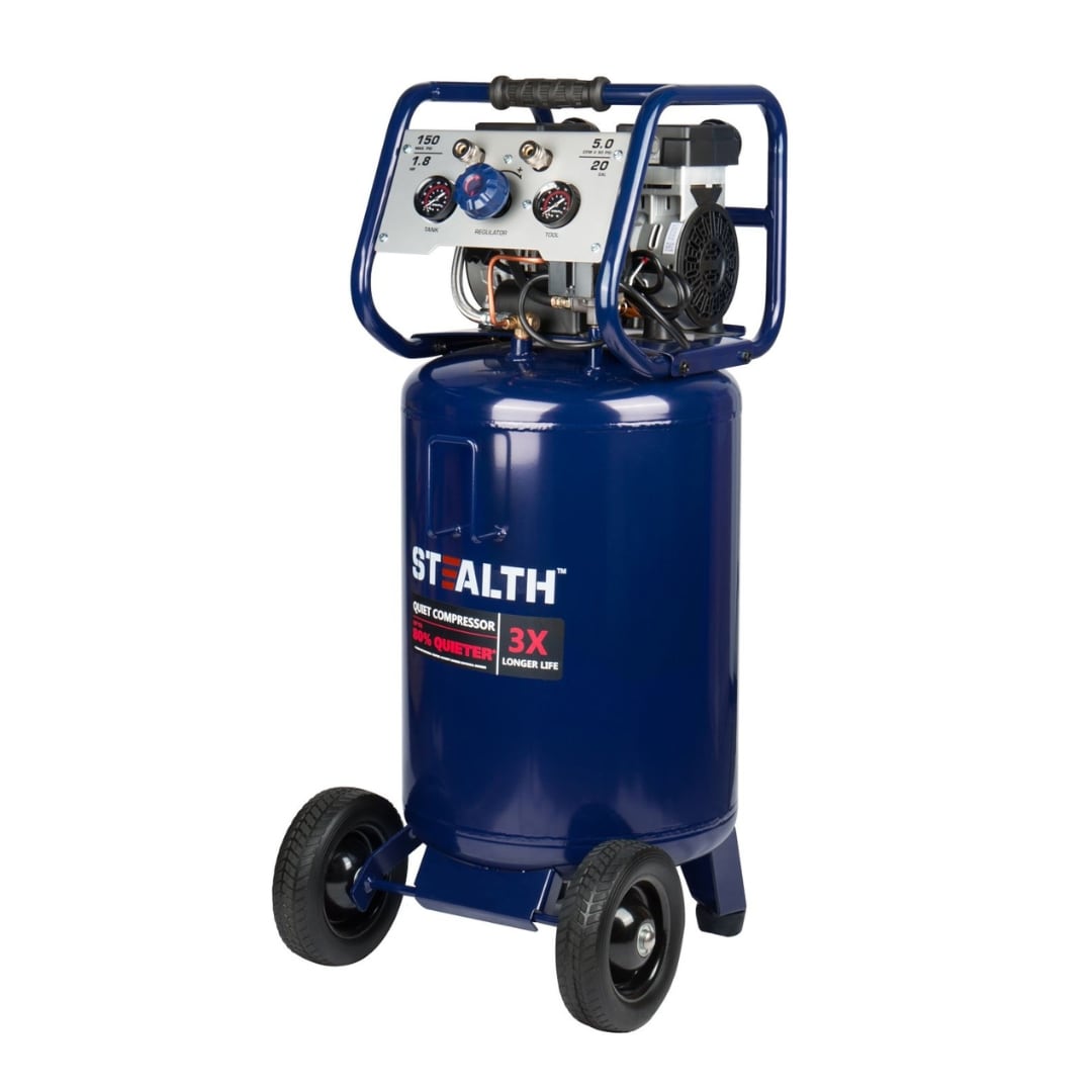 Compresor de aire vertical portátil eléctrico de 20 galones y 150 PSI con tecnología Stealth Stealth Quiet - SAQ-12018