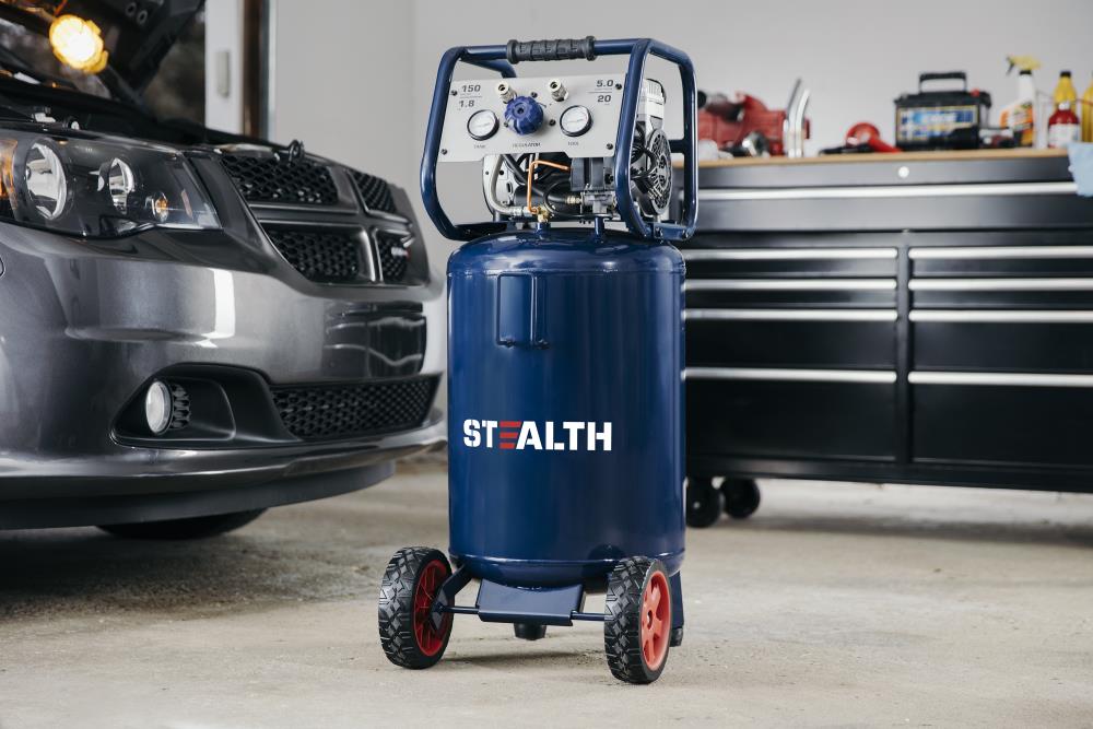 Compresor de aire vertical portátil eléctrico de 20 galones y 150 PSI con tecnología Stealth Stealth Quiet - SAQ-12018