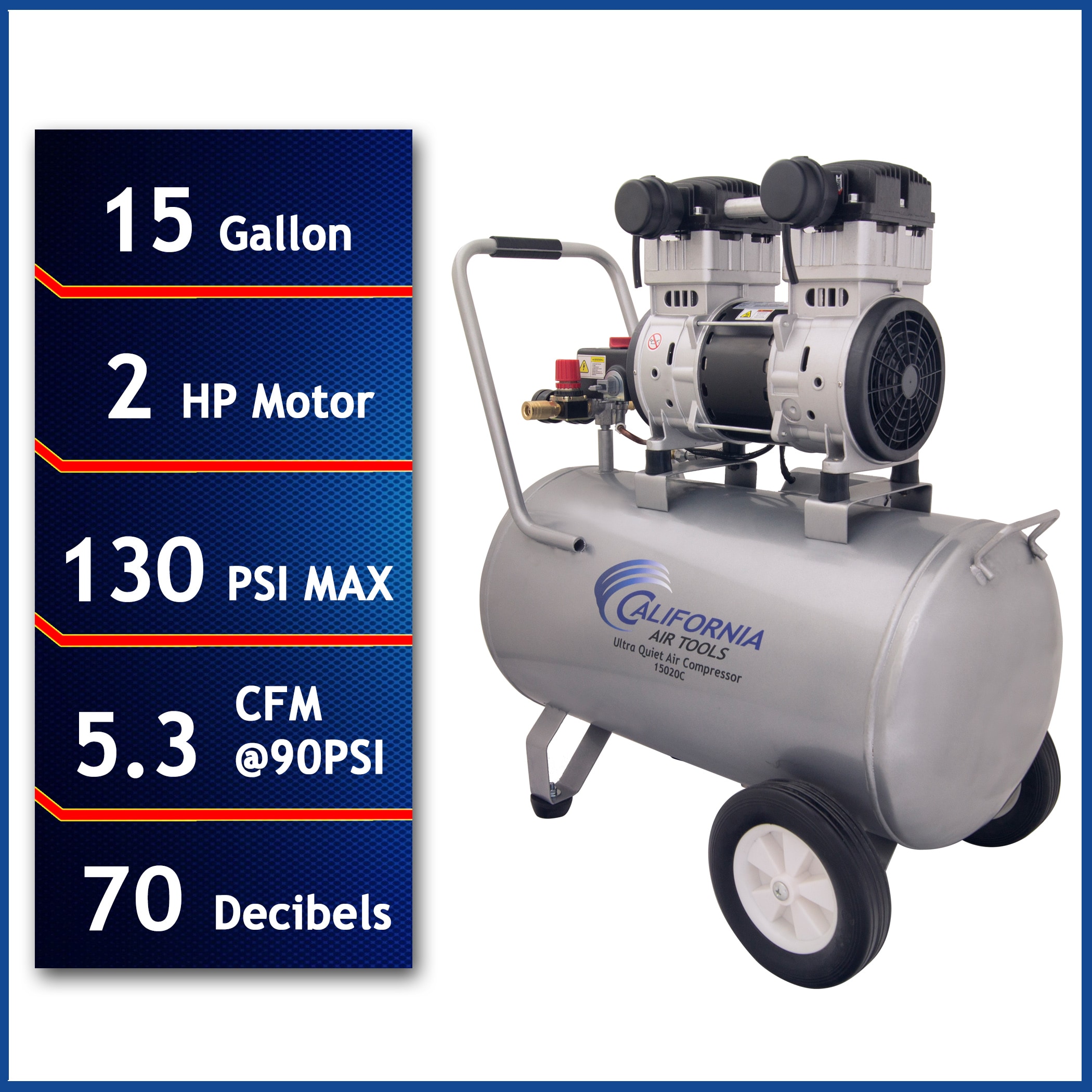 Herramientas de aire de California Herramientas de aire de California Compresor de aire horizontal portátil eléctrico de 15 galones y 125 PSI - CAT-15020C