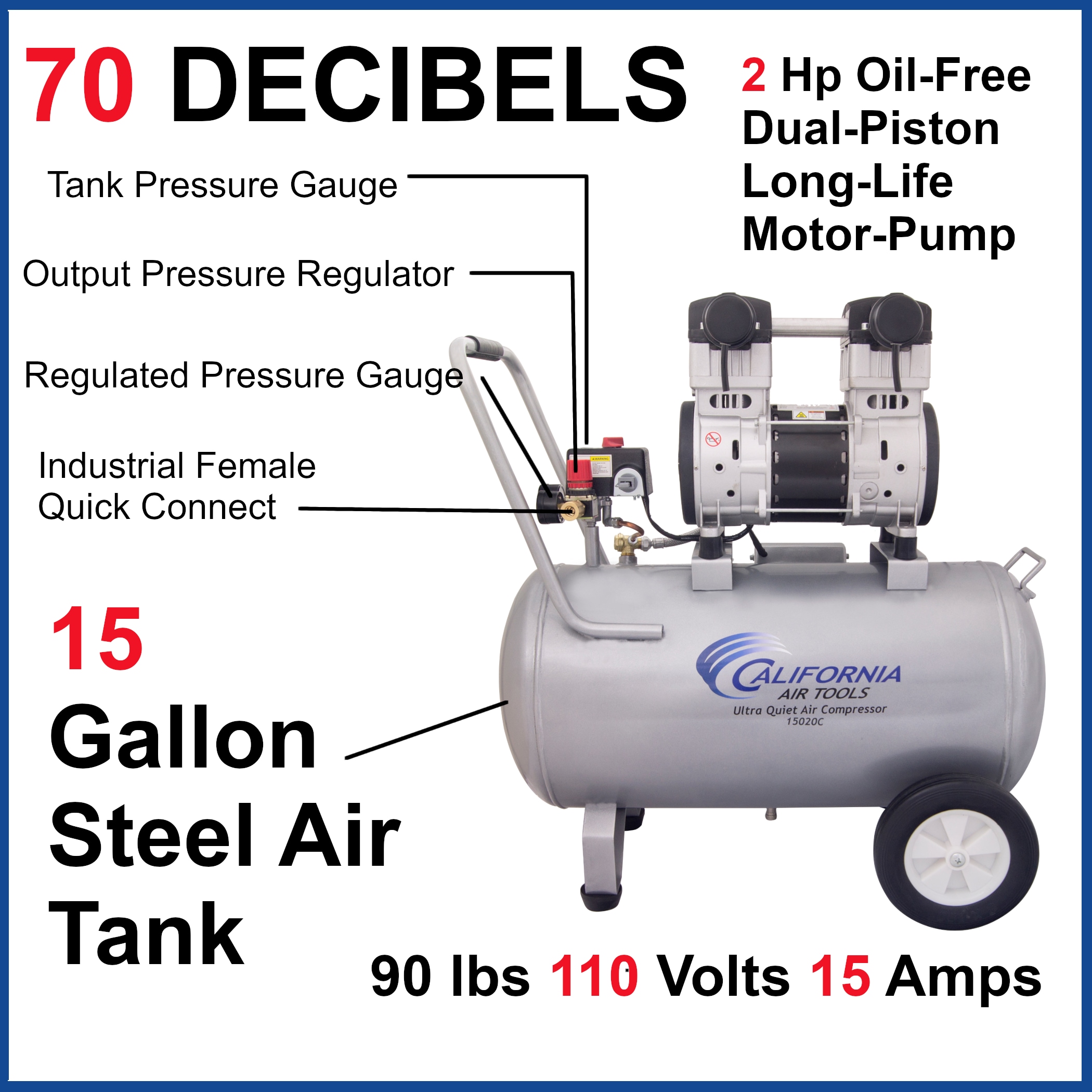 Herramientas de aire de California Herramientas de aire de California Compresor de aire horizontal portátil eléctrico de 15 galones y 125 PSI - CAT-15020C