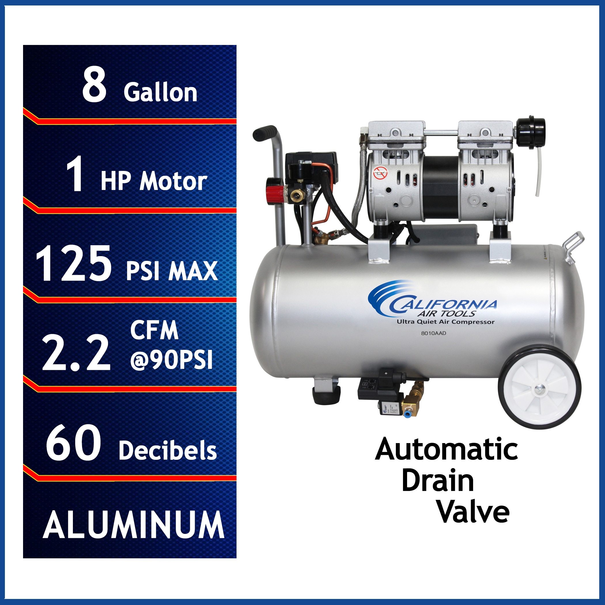 Herramientas de Aire de California Herramientas de Aire de California Compresor de Aire Horizontal Eléctrico Estacionario de 8 Galones y 120 PSI - 8010AAD.